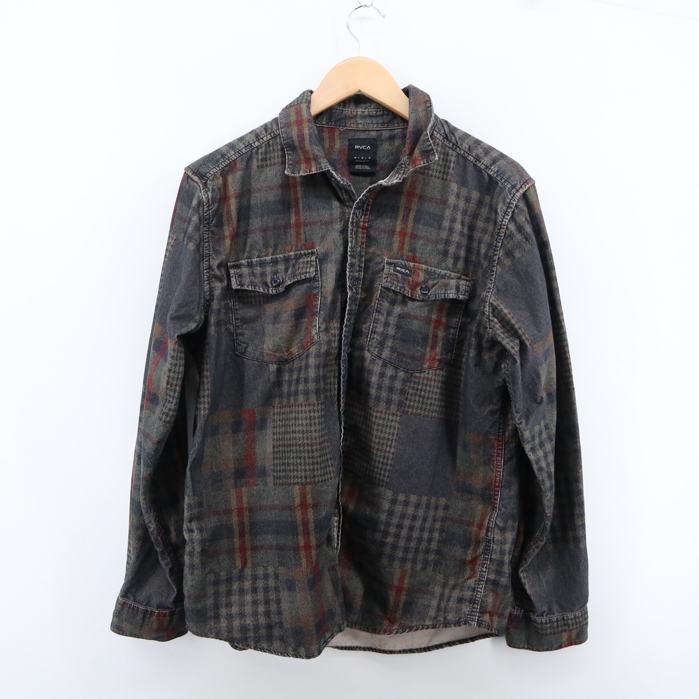 RVCA Corduroy Shirt Medium Plaid Patchwork Y2K Long Sleeve Button Down